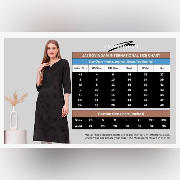 JAI GOVINDAM Indian Hand Embroidered Kurti-Chikankari Cotton Long Kurti's Tunic - Picture 4 of 10